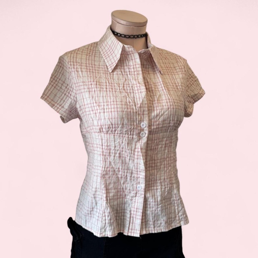 Y2K white & blush pink plaid button-up blouse